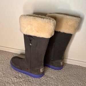 UGG Charcoal Gray with tan fur. Purple Heart bottoms
